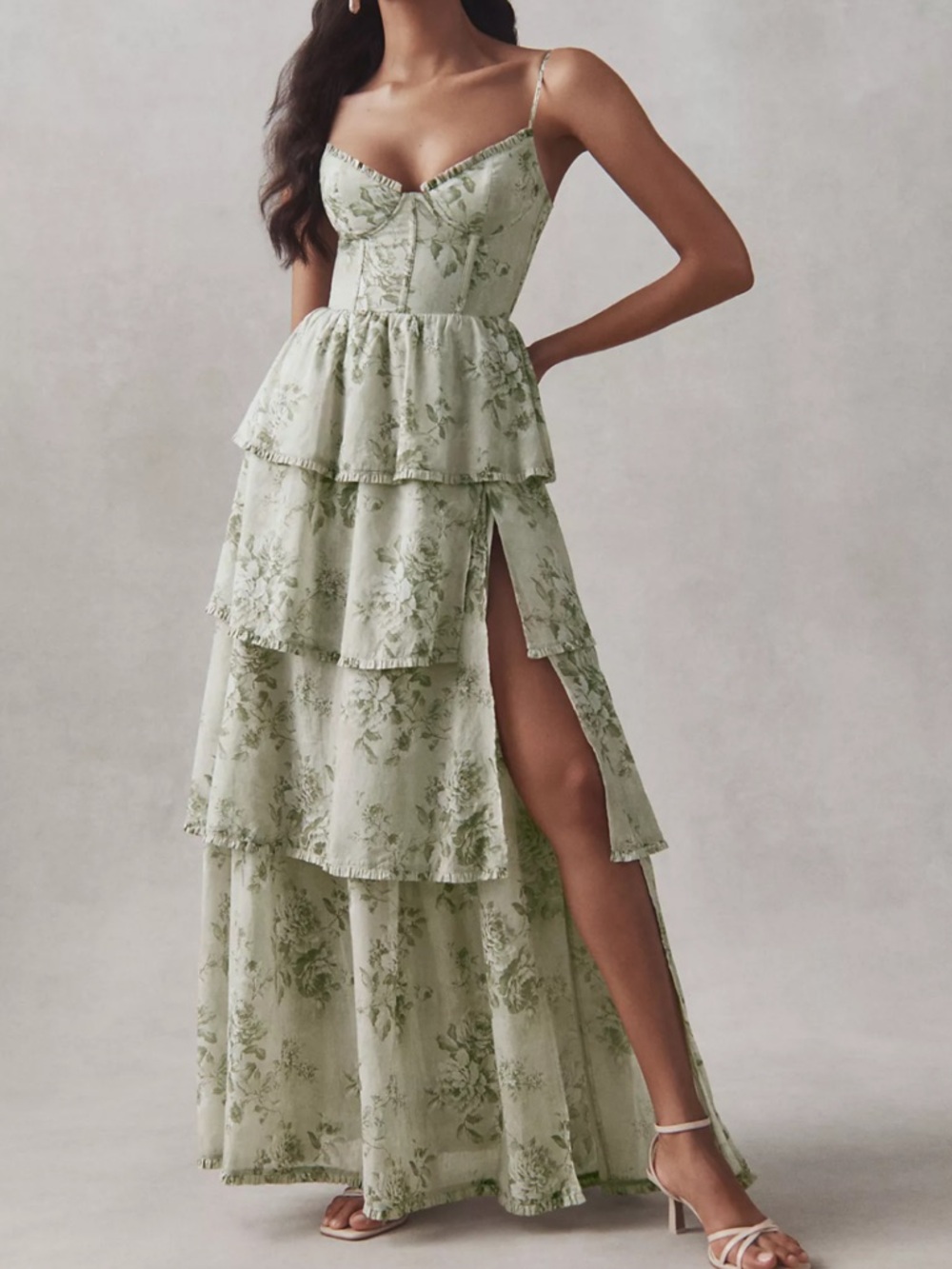 V. Chapman Caterina Corset Ruffle Dress in Sage Tapestry